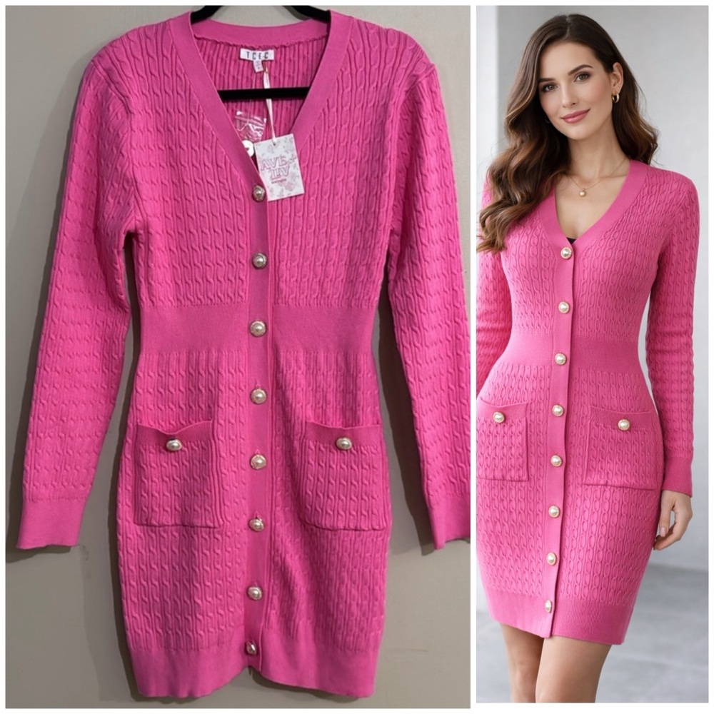 TCEC Fuchsia Button-Up Knit Preppy Long Sleeve Dress Sz Medium NWT